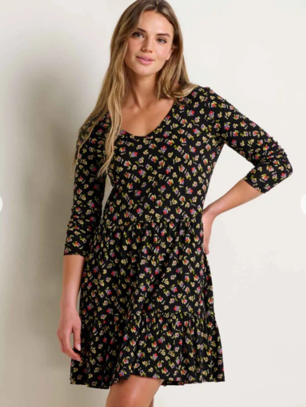 TOAD&CO Women's Marley Tiered Long Sleeve Dress in Black Pansy Print Size S - Picture 1 of 7